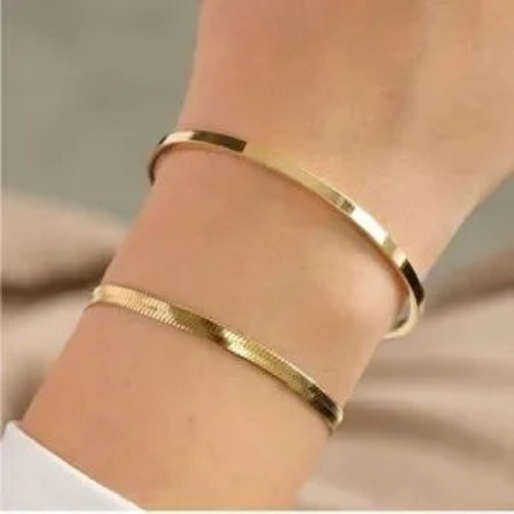 GOLD 18k Gold Plated 3pc Snake Herringbone Bracelet Set